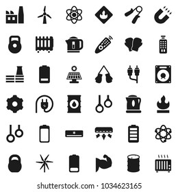 Flat vector icon set - atom vector, magnet, weight, hand trainer, muscule, boxing glove, gymnast rings, flammable, oil barrel, remote control, battery, rca, gear, solar panel, windmill, factory
