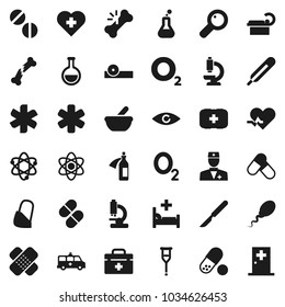 Flat vector icon set - atom vector, pills, heart cross, first aid kit, oxygen, doctor bag, ambulance star, pulse, thermometer, flask, eye, magnifier, crutches, scalpel, broken bone, patch, mortar