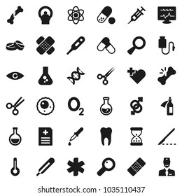 Flat vector icon set - atom vector, flask, pills, heart cross, oxygen, ambulance star, thermometer, eye, gender sign, dna, magnifier, syringe, dropper, scissors, scalpel, broken bone, sand clock