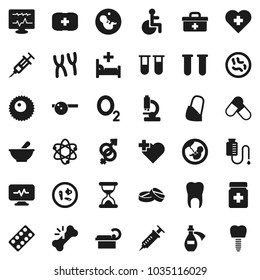 Flat vector icon set - atom vector, pills, heart cross, first aid kit, oxygen, doctor bag, disabled, vial, gender sign, pregnancy, syringe, broken bone, sand clock, bottle, blister, mortar, eye hat