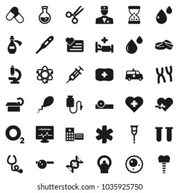 Flat vector icon set - atom vector, flask, pills, heart monitor, cross, first aid kit, oxygen, ambulance star, pulse, doctor, thermometer, vial, dna, syringe, crutches, scissors, sand clock, eye hat