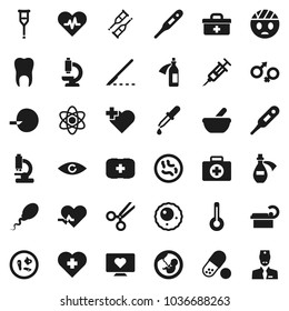 Flat vector icon set - atom vector, pills, heart monitor, cross, first aid kit, doctor bag, pulse, thermometer, eye, gender sign, pregnancy, insemination, syringe, dropper, crutches, scissors, sperm