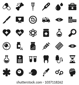 Flat vector icon set - atom vector, flask, pills vial, heart monitor, cross, doctor bag, ambulance star, pulse, thermometer, eye, gender sign, magnifier, insemination, syringe, dropper, crutches