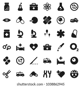 Flat vector icon set - atom vector, flask, pills, heart cross, oxygen, doctor bag, ambulance star, eye, gender sign, insemination, dropper, scissors, scalpel, patch, bottle, microscope, microbs