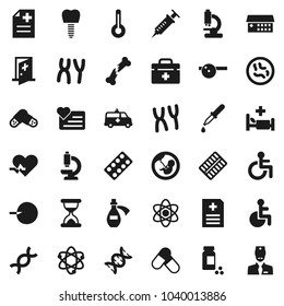 Flat vector icon set - atom vector, pills vial, heart monitor, doctor bag, disabled, pulse, thermometer, dna, pregnancy, insemination, syringe, dropper, broken bone, sand clock, blister, eye hat