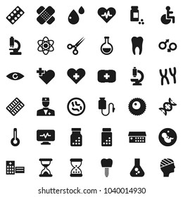 Flat vector icon set - atom vector, flask, pills vial, heart cross, first aid kit, disabled, pulse, doctor, thermometer, eye, gender sign, dna, pregnancy, scissors, sand clock, patch, bottle, ovule