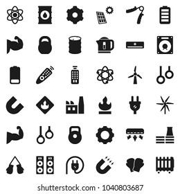 Flat vector icon set - atom vector, magnet, weight, hand trainer, muscule, boxing glove, gymnast rings, flammable, oil barrel, remote control, battery, gear, solar panel, windmill, air conditioner