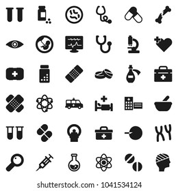 Flat vector icon set - atom vector, flask, pills vial, first aid kit, doctor bag, heart cross, eye, magnifier, pregnancy, insemination, syringe, broken bone, patch, stethoscope, mortar, microscope