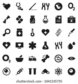 Flat vector icon set - atom vector, flask, heart monitor, cross, oxygen, doctor bag, ambulance star, thermometer, vial, eye, magnifier, pregnancy, syringe, dropper, crutches, scalpel, broken bone