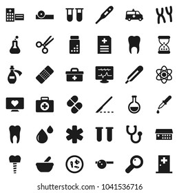 Flat vector icon set - atom vector, pills vial, heart monitor, first aid kit, doctor bag, ambulance star, thermometer, flask, magnifier, dropper, scissors, scalpel, sand clock, patch, stethoscope