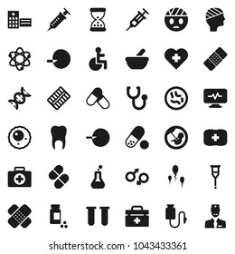 Flat vector icon set - atom vector, pills vial, heart cross, first aid kit, doctor bag, disabled, flask, gender sign, dna, pregnancy, insemination, syringe, crutches, sand clock, patch, stethoscope