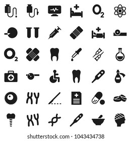 Flat vector icon set - atom vector, pills, first aid kit, oxygen, disabled, thermometer, flask, vial, dna, insemination, syringe, dropper, crutches, scalpel, patch, mortar, eye doctor hat, anamnesis