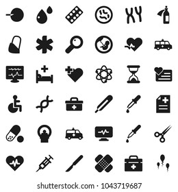 Flat vector icon set - atom vector, pills, heart monitor, cross, doctor bag, ambulance star, disabled, pulse, thermometer, dna, magnifier, pregnancy, insemination, syringe, dropper, scissors, patch