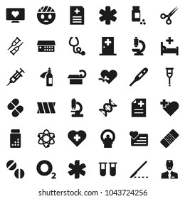 Flat vector icon set - atom vector, pills vial, heart monitor, cross, oxygen, ambulance star, pulse, thermometer, dna, syringe, crutches, scissors, scalpel, patch, stethoscope, microscope, anamnesis