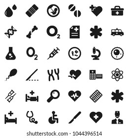 Flat vector icon set - atom vector, flask, heart cross, oxygen, doctor bag, ambulance star, disabled, pulse, dna, magnifier, pregnancy, syringe, crutches, scalpel, broken bone, patch, stethoscope