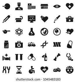 Flat vector icon set - atom vector, flask, pills vial, first aid kit, doctor bag, disabled, heart pulse, cross, thermometer, eye, dna, pregnancy, insemination, dropper, broken bone, sand clock, hat