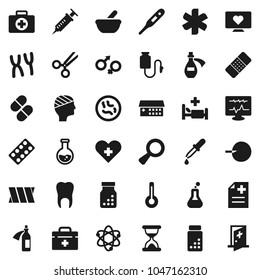 Flat vector icon set - atom vector, flask, pills vial, heart monitor, first aid kit, doctor bag, ambulance star, cross, thermometer, gender sign, magnifier, insemination, syringe, dropper, scissors