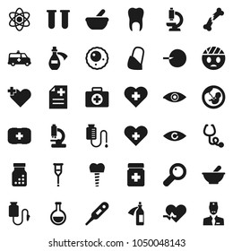Flat vector icon set - atom vector, heart cross, first aid kit, pulse, thermometer, flask, vial, eye, magnifier, pregnancy, insemination, crutches, broken bone, stethoscope, pills bottle, mortar