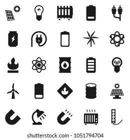 Flat vector icon set - atom vector, table lamp, magnet, enegry drink, flammable, oil barrel, battery, rca, solar panel, windmill, power plug, heater, bulb, multi socket