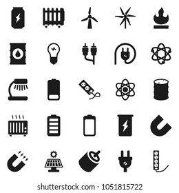 Flat vector icon set - atom vector, table lamp, magnet, enegry drink, flammable, oil barrel, battery, rca, solar panel, windmill, power plug, heater, bulb, multi socket