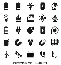 Flat vector icon set - atom vector, table lamp, magnet, enegry drink, flammable, oil barrel, battery, rca, solar panel, windmill, power plug, heater, bulb, multi socket