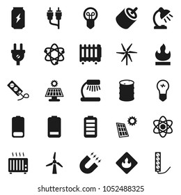 Flat vector icon set - atom vector, table lamp, magnet, enegry drink, flammable, oil barrel, battery, rca, solar panel, windmill, power plug, heater, bulb, multi socket