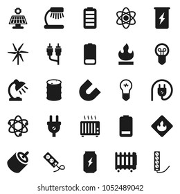 Flat vector icon set - atom vector, table lamp, magnet, enegry drink, flammable, oil barrel, battery, rca, solar panel, windmill, power plug, heater, bulb, multi socket