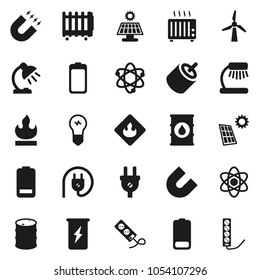 Flat vector icon set - atom vector, table lamp, magnet, enegry drink, flammable, oil barrel, battery, rca, solar panel, windmill, power plug, heater, bulb, multi socket
