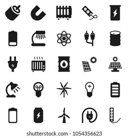 Flat vector icon set - atom vector, table lamp, magnet, enegry drink, oil barrel, battery, rca, solar panel, windmill, power plug, heater, bulb, multi socket