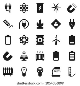 Flat vector icon set - atom vector, table lamp, magnet, enegry drink, flammable, oil barrel, battery, rca, solar panel, windmill, power plug, heater, bulb, multi socket