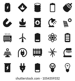 Flat vector icon set - atom vector, table lamp, magnet, enegry drink, flammable, oil barrel, battery, rca, solar panel, windmill, power plug, heater, bulb