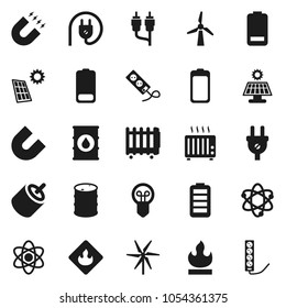Flat vector icon set - atom vector, magnet, flammable, oil barrel, battery, rca, solar panel, windmill, power plug, heater, bulb, multi socket