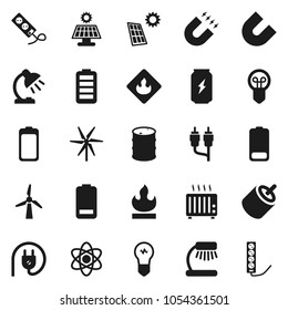 Flat vector icon set - atom vector, table lamp, magnet, enegry drink, flammable, oil barrel, battery, rca, solar panel, windmill, power plug, heater, bulb, multi socket