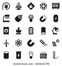 Flat vector icon set - atom vector, table lamp, magnet, enegry drink, flammable, oil barrel, battery, rca, solar panel, windmill, power plug, heater, bulb, multi socket