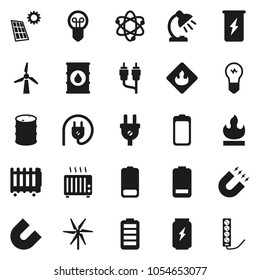 Flat vector icon set - atom vector, table lamp, magnet, enegry drink, flammable, oil barrel, battery, rca, solar panel, windmill, power plug, heater, bulb, multi socket