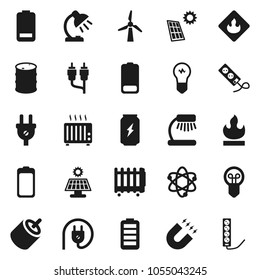 Flat vector icon set - atom vector, table lamp, magnet, enegry drink, flammable, oil barrel, battery, rca, solar panel, windmill, power plug, heater, bulb, multi socket
