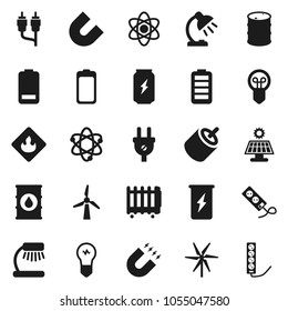 Flat vector icon set - atom vector, table lamp, magnet, enegry drink, flammable, oil barrel, battery, rca, solar panel, windmill, power plug, heater, bulb, multi socket