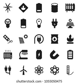 Flat vector icon set - atom vector, table lamp, magnet, enegry drink, flammable, oil barrel, battery, rca, solar panel, windmill, power plug, heater, bulb, multi socket