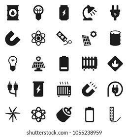 Flat vector icon set - atom vector, table lamp, magnet, enegry drink, flammable, oil barrel, battery, rca, solar panel, windmill, power plug, heater, bulb, multi socket