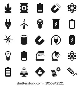 Flat vector icon set - atom vector, table lamp, magnet, enegry drink, flammable, oil barrel, battery, solar panel, windmill, power plug, bulb, multi socket