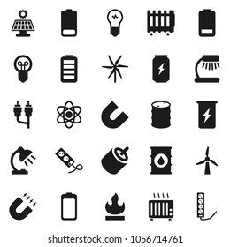 Flat vector icon set - atom vector, table lamp, magnet, enegry drink, flammable, oil barrel, battery, rca, solar panel, windmill, heater, bulb, multi socket