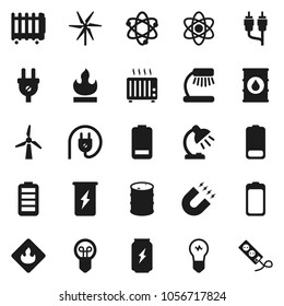 Flat vector icon set - atom vector, table lamp, magnet, enegry drink, flammable, oil barrel, battery, rca, windmill, power plug, heater, bulb, multi socket