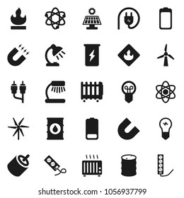 Flat vector icon set - atom vector, table lamp, magnet, enegry drink, flammable, oil barrel, battery, rca, solar panel, windmill, power plug, heater, bulb, multi socket