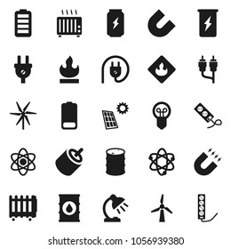 Flat vector icon set - atom vector, table lamp, magnet, enegry drink, flammable, oil barrel, battery, rca, solar panel, windmill, power plug, heater, bulb, multi socket