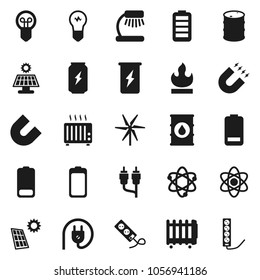 Flat vector icon set - atom vector, table lamp, magnet, enegry drink, flammable, oil barrel, battery, rca, solar panel, windmill, power plug, heater, bulb, multi socket