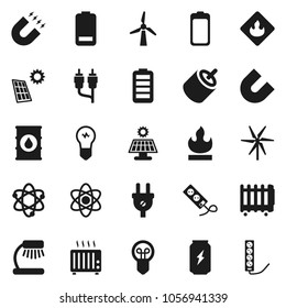 Flat vector icon set - atom vector, table lamp, magnet, enegry drink, flammable, oil barrel, battery, rca, solar panel, windmill, power plug, heater, bulb, multi socket