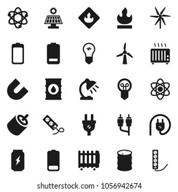 Flat vector icon set - atom vector, table lamp, magnet, enegry drink, flammable, oil barrel, battery, rca, solar panel, windmill, power plug, heater, bulb, multi socket