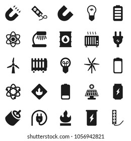 Flat vector icon set - atom vector, table lamp, magnet, enegry drink, flammable, oil barrel, battery, rca, solar panel, windmill, power plug, heater, bulb, multi socket