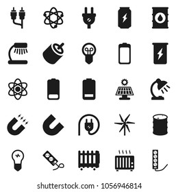 Flat vector icon set - atom vector, table lamp, magnet, enegry drink, oil barrel, battery, rca, solar panel, windmill, power plug, heater, bulb, multi socket