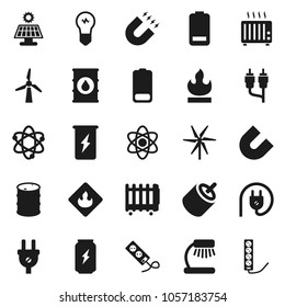 Flat vector icon set - atom vector, table lamp, magnet, enegry drink, flammable, oil barrel, battery, rca, solar panel, windmill, power plug, heater, bulb, multi socket